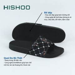 Dép quai ngang da bò lộn Đen+Xanh Dương Gấu Bí Lù Monogram HISHOO U113
