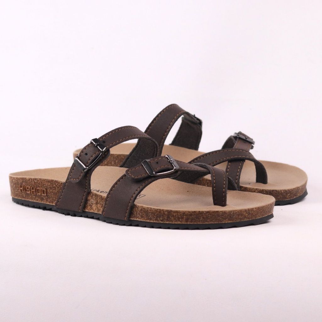 Dép đế trấu birken quai ngang xỏ ngón MẶT ĐEN da bò HISHOO M098