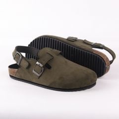 Dép đế trấu Sandal sục Boston Sandal quai ngang Rêu Olive da lộn HISHOO R111