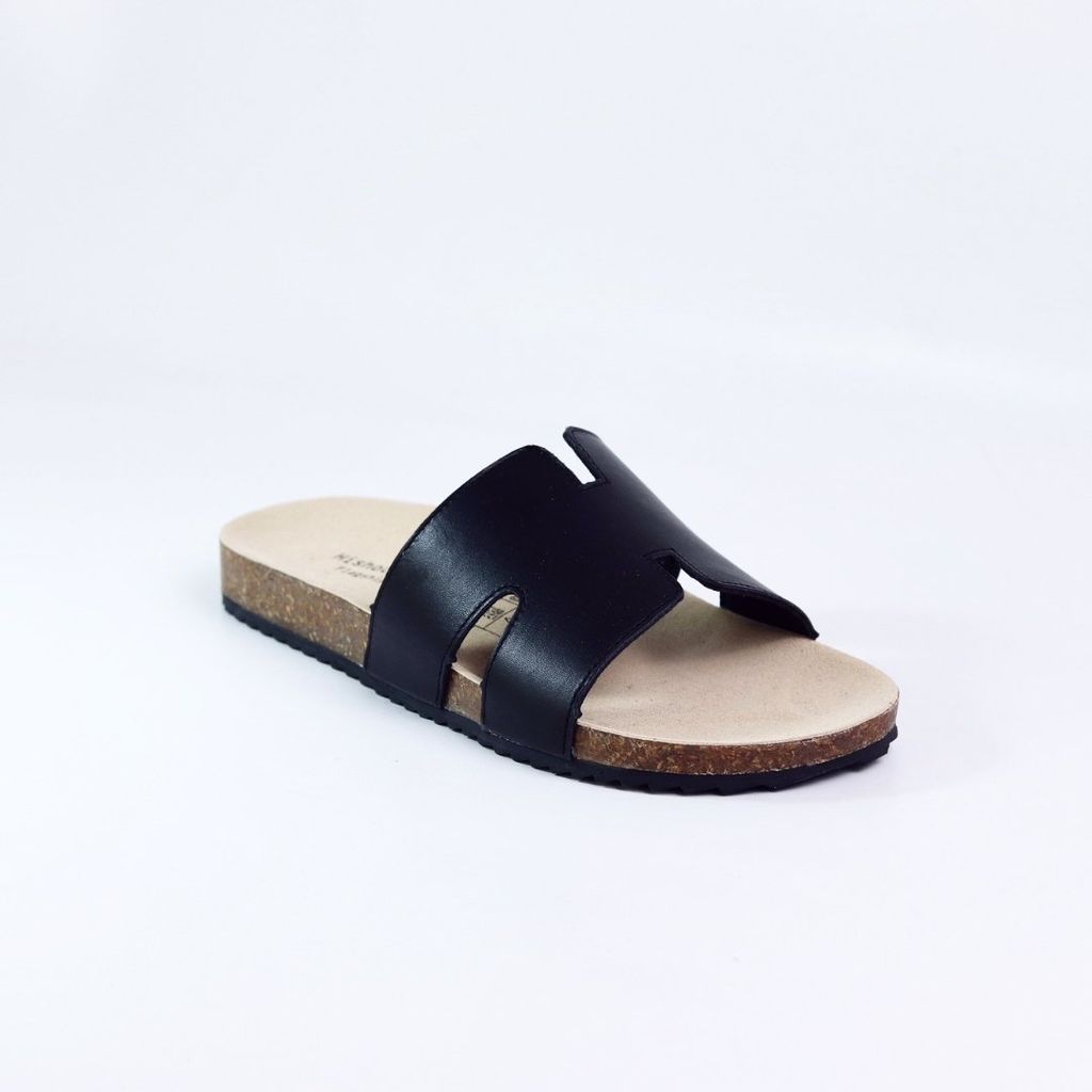 Dép đế trấu birken quai ngang chữ H MẶT ĐEN da bò HISHOO M095