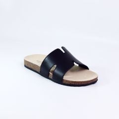 Dép đế trấu birken quai ngang chữ H MẶT ĐEN da bò HISHOO M095