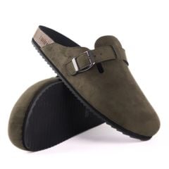 Dép đế trấu sục Boston quai ngang Rêu Olive da lộn  HISHOO R109