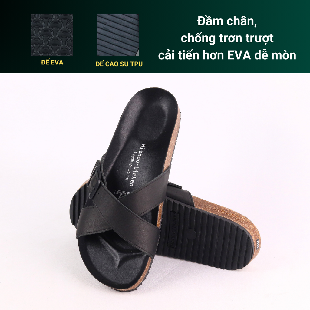 Dép đế trấu birken quai ngang chéo da bò [CÓ KHOÁ] HISHOO M096