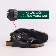 Dép đế trấu Sandal birken 2 khoá da PU mặt đen HISHOO S102