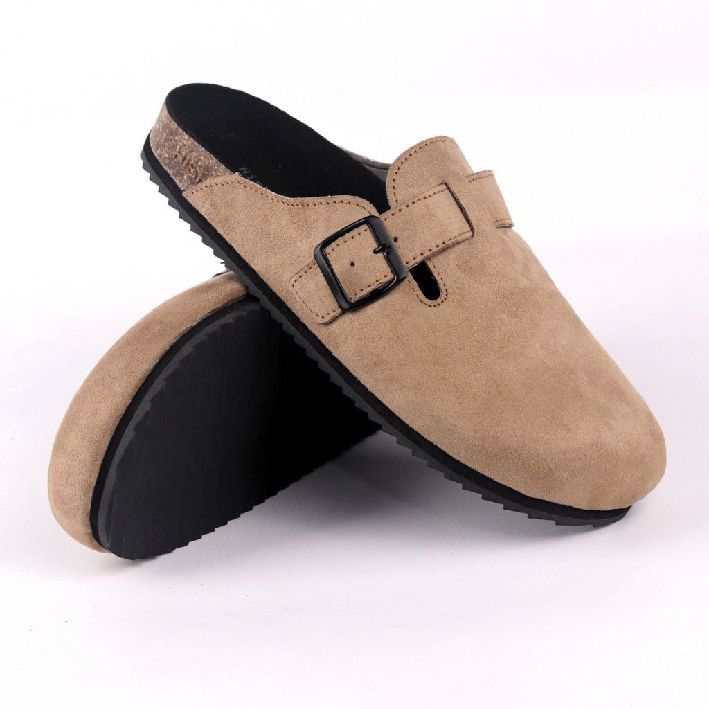 Dép đế trấu sục Boston Xám/ Kem/Bò quai ngang da lộn HISHOO R109