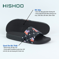 Dép quai ngang da bò Đen+Xanh Dương Gấu Bặm Trợn Monogram HISHOO U113