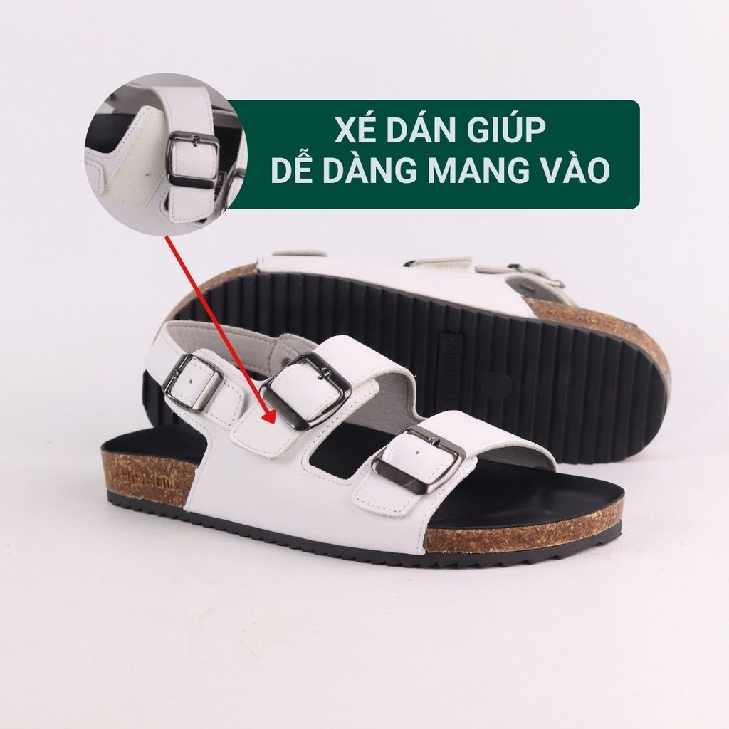 Dép đế trấu Sandal birken quai ngang 2 khoá da bò HISHOO M102
