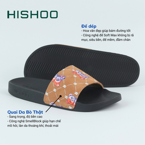 Dép quai ngang da bò lộn Bò+Xám Gấu Bặm Trợn Monogram HISHOO U113