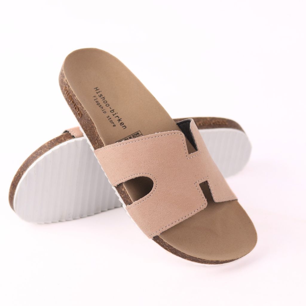 Dép đế trấu birken quai ngang chữ H da lộn HISHOO R095