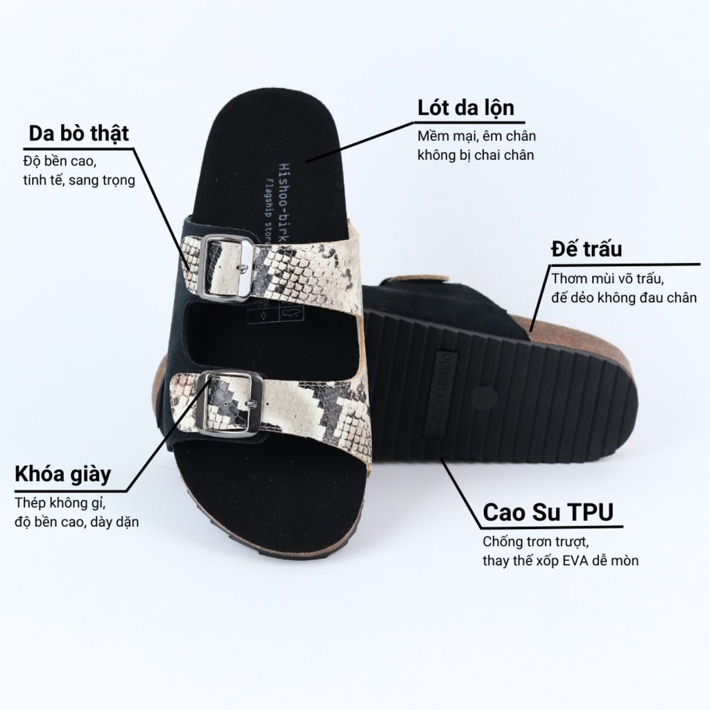 Dép đế trấu birken Da hiếm 2 khoá Hishoo M107