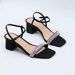 Giày Sandal Cao Gót Đế Vuông 5cm Quai Mảnh Đính Xoàn Hishoo S125