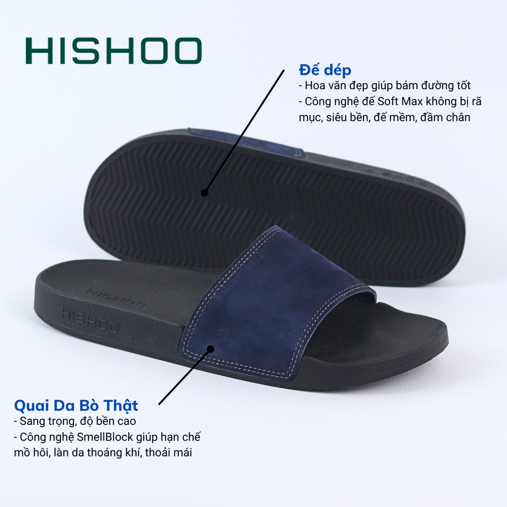 Dép quai ngang da bò Xanh dương da lộn HISHOO U114