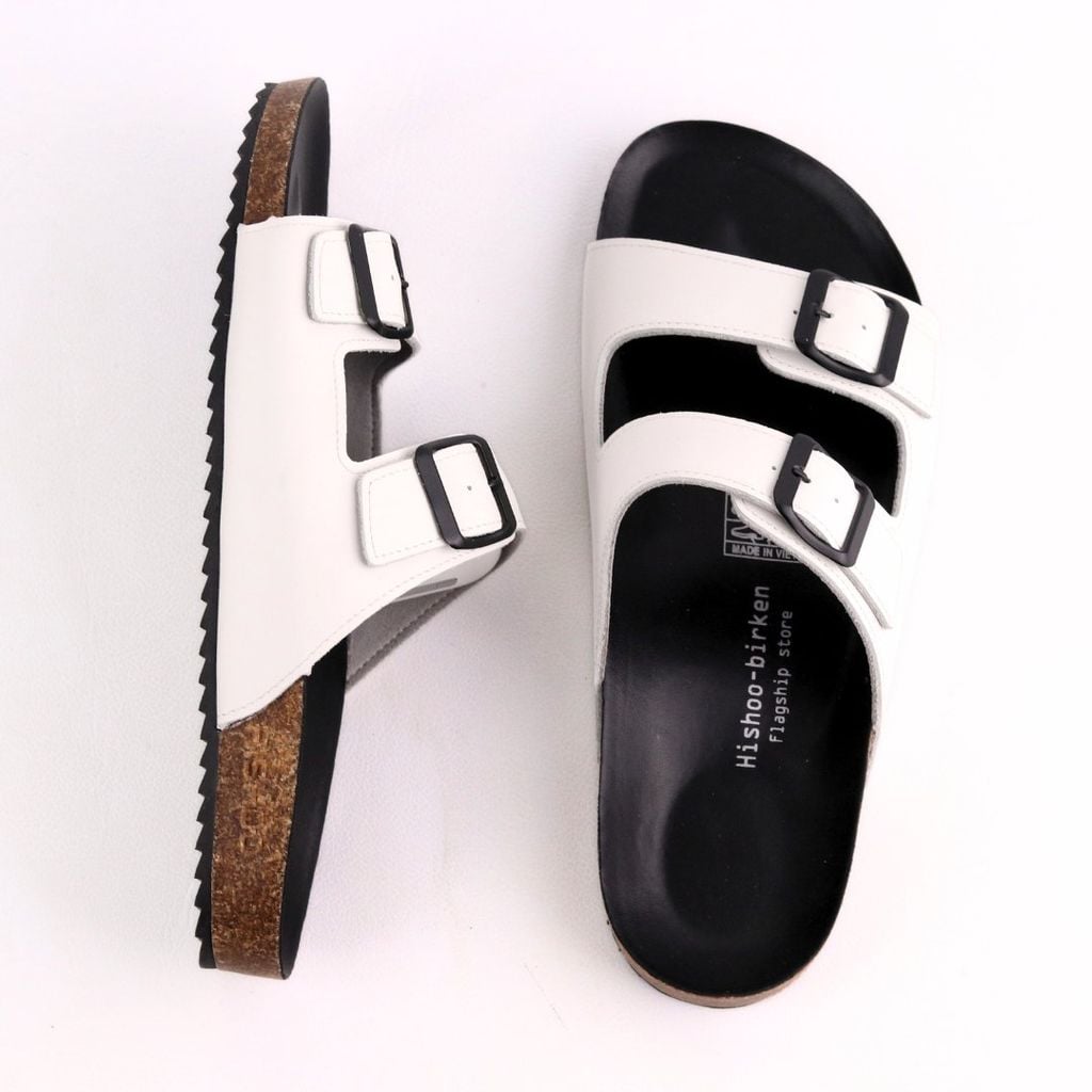 Dép đế trấu birken quai ngang 2 khoá MẶT ĐEN da bò HISHOO M093