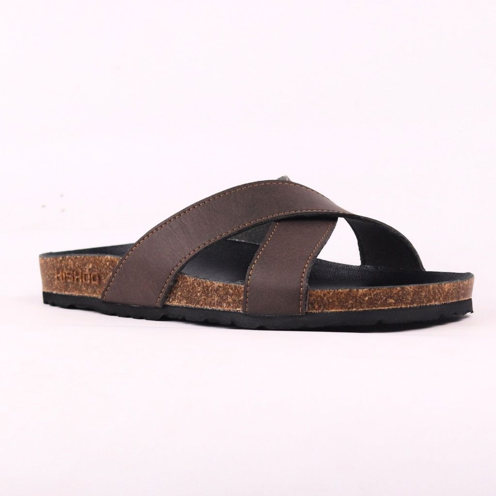 Dép đế trấu birken quai ngang chéo MẶT ĐEN da bò HISHOO M096