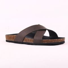 Dép đế trấu birken quai ngang chéo MẶT ĐEN da bò HISHOO M096