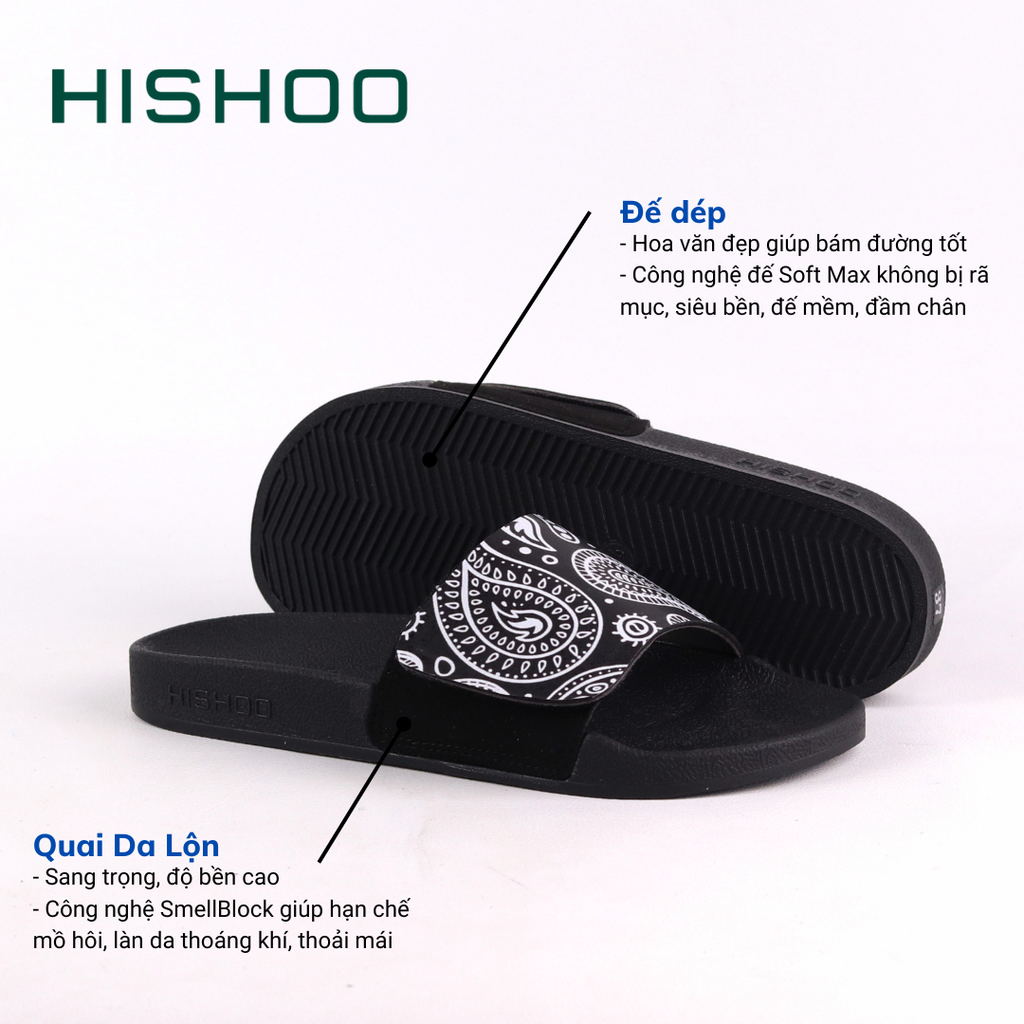 Dép quai ngang da bò Xé dán Bandana Đen HISHOO U115