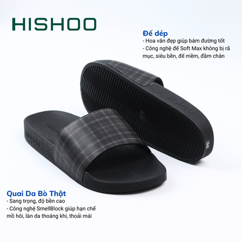 Dép quai ngang da bò In Hình Caro Đen HISHOO U113
