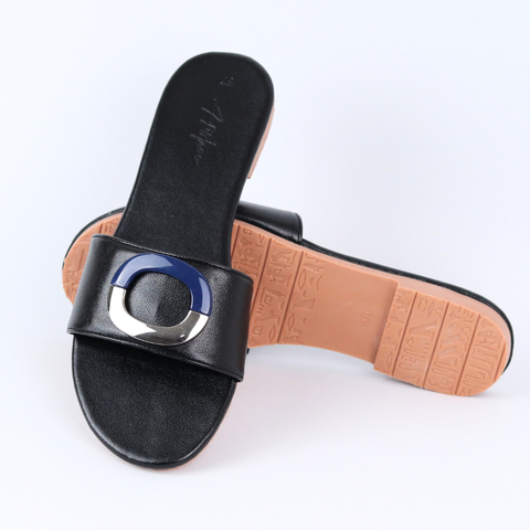 Dép lê nữ quai ngang đính khoá bạc xanh HISHOO S122