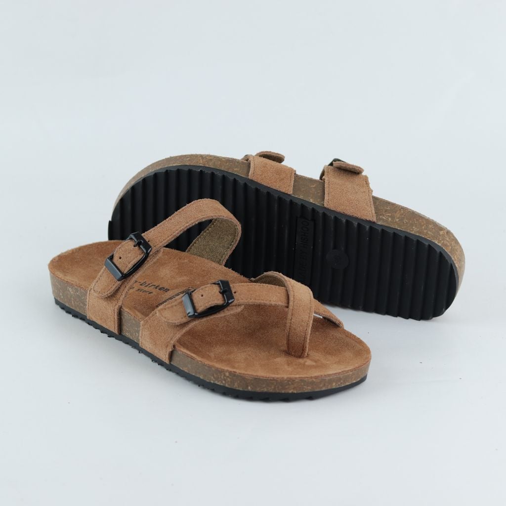 Dép đế trấu birken xỏ ngón 2 khoá da lộn HISHOO R098