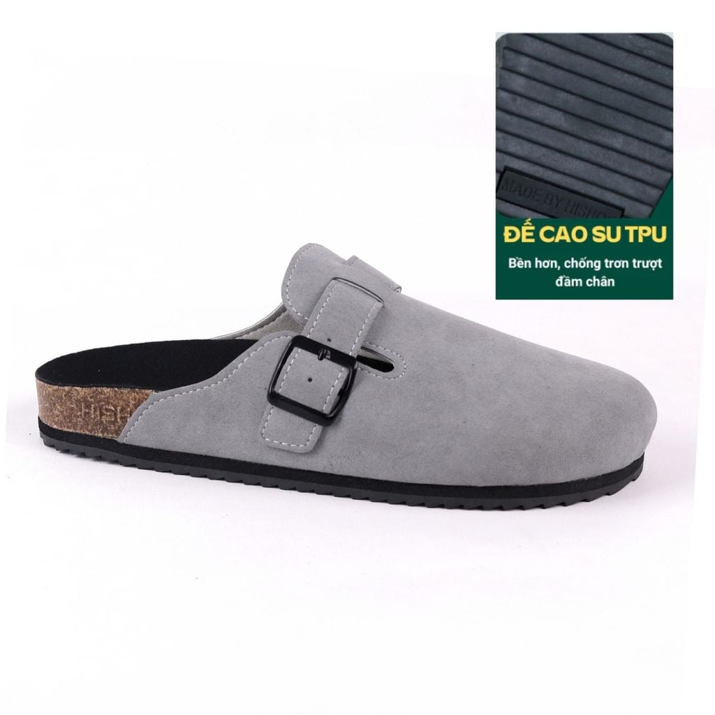 Dép đế trấu sục Boston Xám/ Kem/Bò quai ngang da lộn HISHOO R109