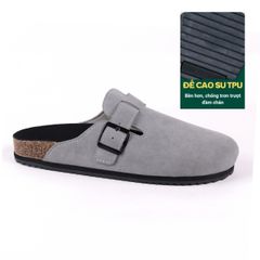 Dép đế trấu sục Boston Xám/ Kem/Bò quai ngang da lộn HISHOO R109