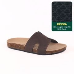 Dép đế trấu birken quai ngang chữ H MẶT ĐEN da bò HISHOO M095
