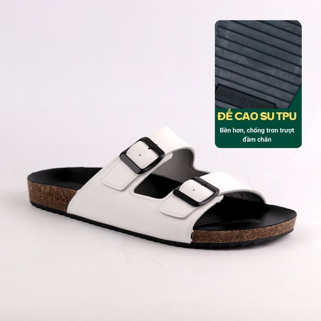 Dép đế trấu birken quai ngang 2 khoá MẶT ĐEN da bò HISHOO M093