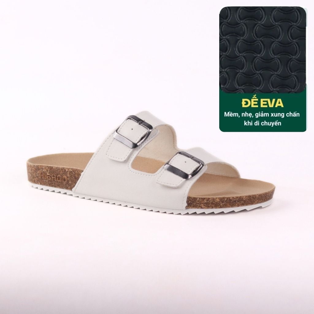 Dép đế trấu birken quai ngang 2 khoá MẶT ĐEN da bò HISHOO M093