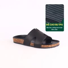 Dép đế trấu birken quai ngang chữ H MẶT ĐEN da bò HISHOO M095