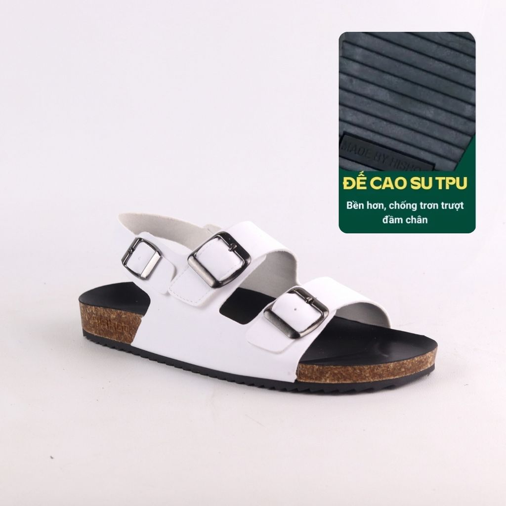 Dép đế trấu Sandal birken quai ngang 2 khoá da bò HISHOO M102
