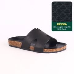 Dép đế trấu birken quai ngang chữ H MẶT ĐEN da bò HISHOO M095