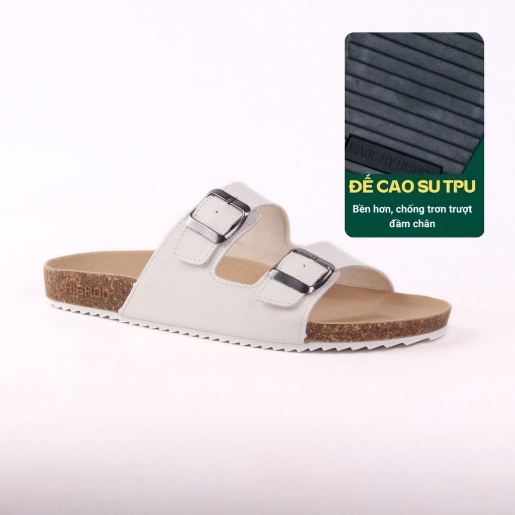 Dép đế trấu birken quai ngang 2 khoá MẶT ĐEN da bò HISHOO M093
