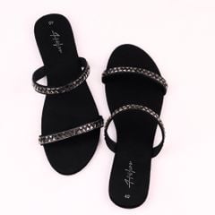 Dép lê nữ quai ngang đính Satin Ziczac HISHOO S123