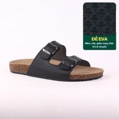 Dép đế trấu birken quai ngang 2 khoá MẶT ĐEN da bò HISHOO M093
