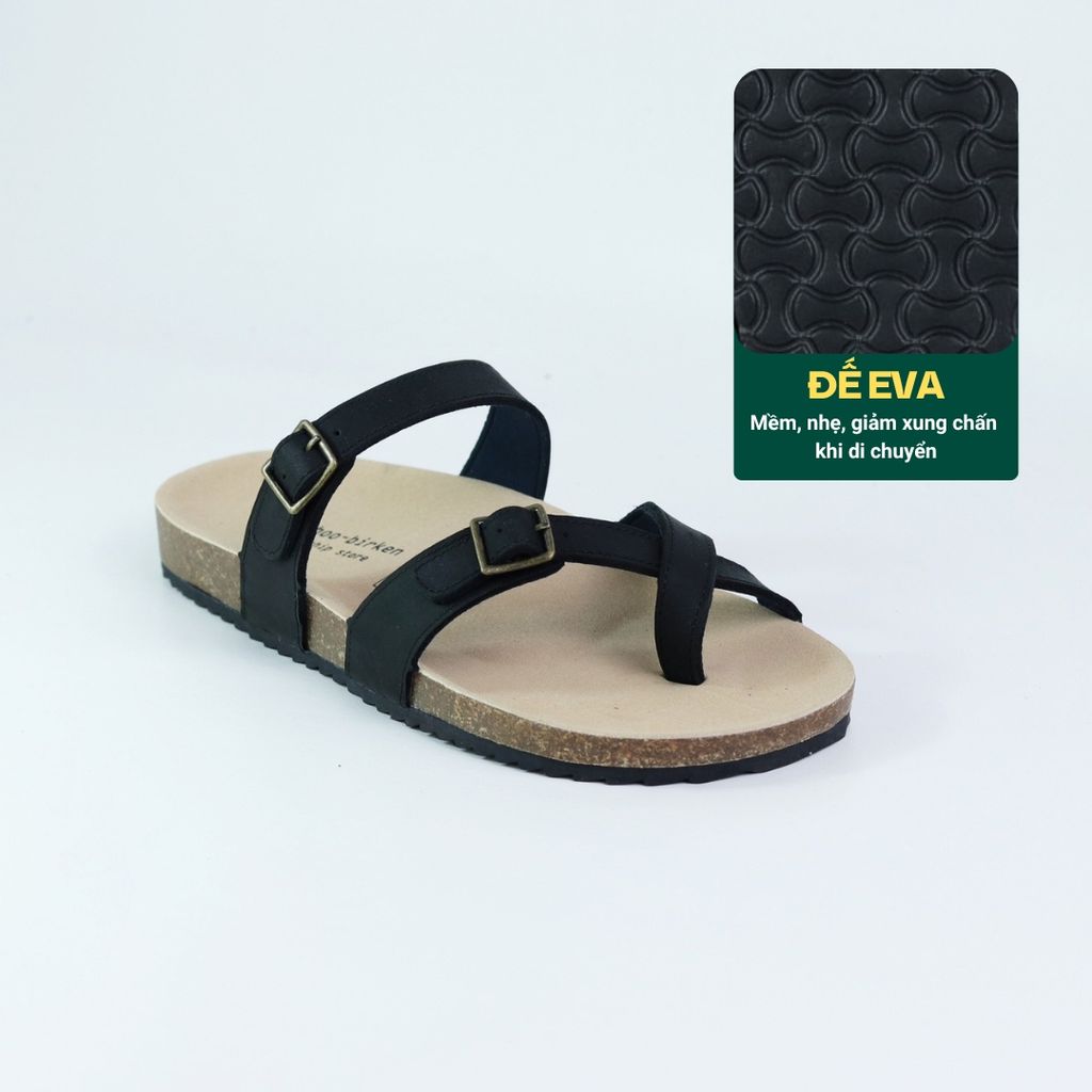 Dép đế trấu birken quai ngang xỏ ngón MẶT ĐEN da bò HISHOO M098