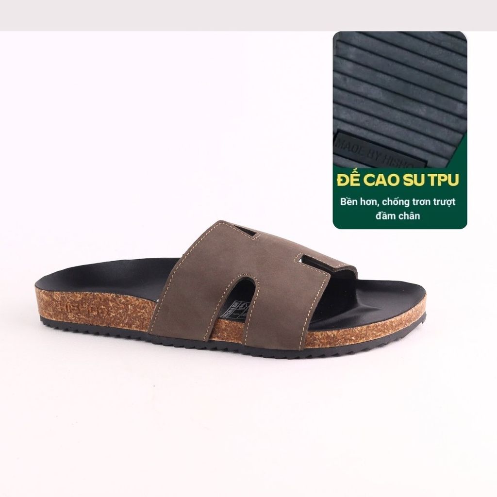 Dép đế trấu birken quai ngang chữ H MẶT ĐEN da bò HISHOO M095