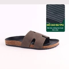 Dép đế trấu birken quai ngang chữ H MẶT ĐEN da bò HISHOO M095