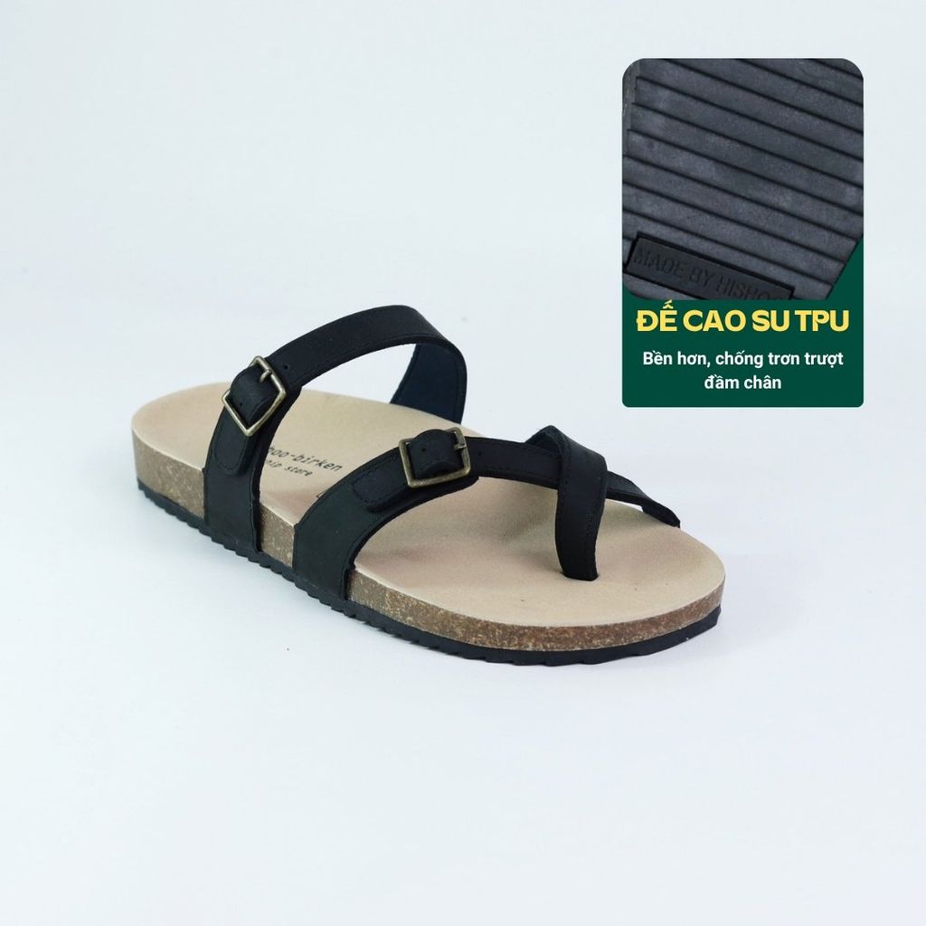 Dép đế trấu birken quai ngang xỏ ngón MẶT ĐEN da bò HISHOO M098