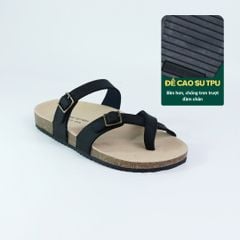 Dép đế trấu birken quai ngang xỏ ngón MẶT ĐEN da bò HISHOO M098