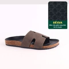 Dép đế trấu birken quai ngang chữ H MẶT ĐEN da bò HISHOO M095