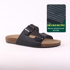 Dép đế trấu birken quai ngang 2 khoá MẶT ĐEN da bò HISHOO M093