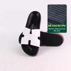 Dép đế trấu birken quai ngang chữ H MẶT ĐEN da bò HISHOO M095