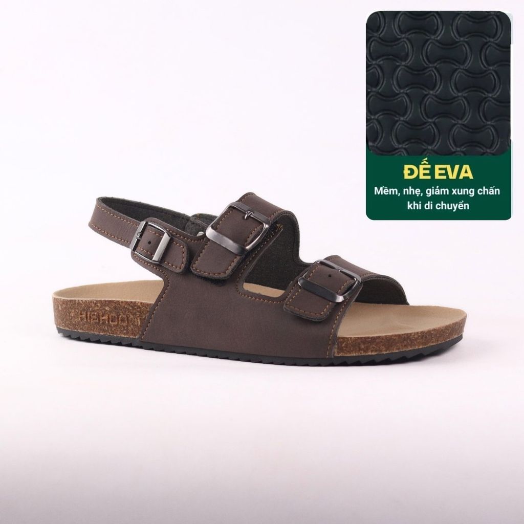 Dép đế trấu Sandal birken quai ngang 2 khoá da bò HISHOO M102