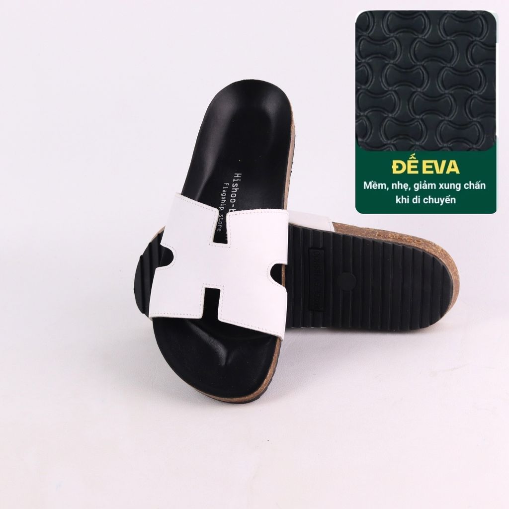 Dép đế trấu birken quai ngang chữ H MẶT ĐEN da bò HISHOO M095