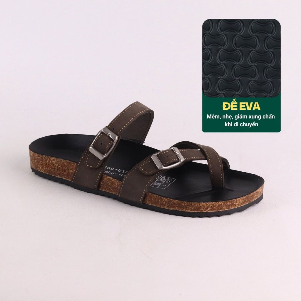 Dép đế trấu birken quai ngang xỏ ngón MẶT ĐEN da bò HISHOO M098