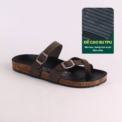 Dép đế trấu birken quai ngang xỏ ngón MẶT ĐEN da bò HISHOO M098