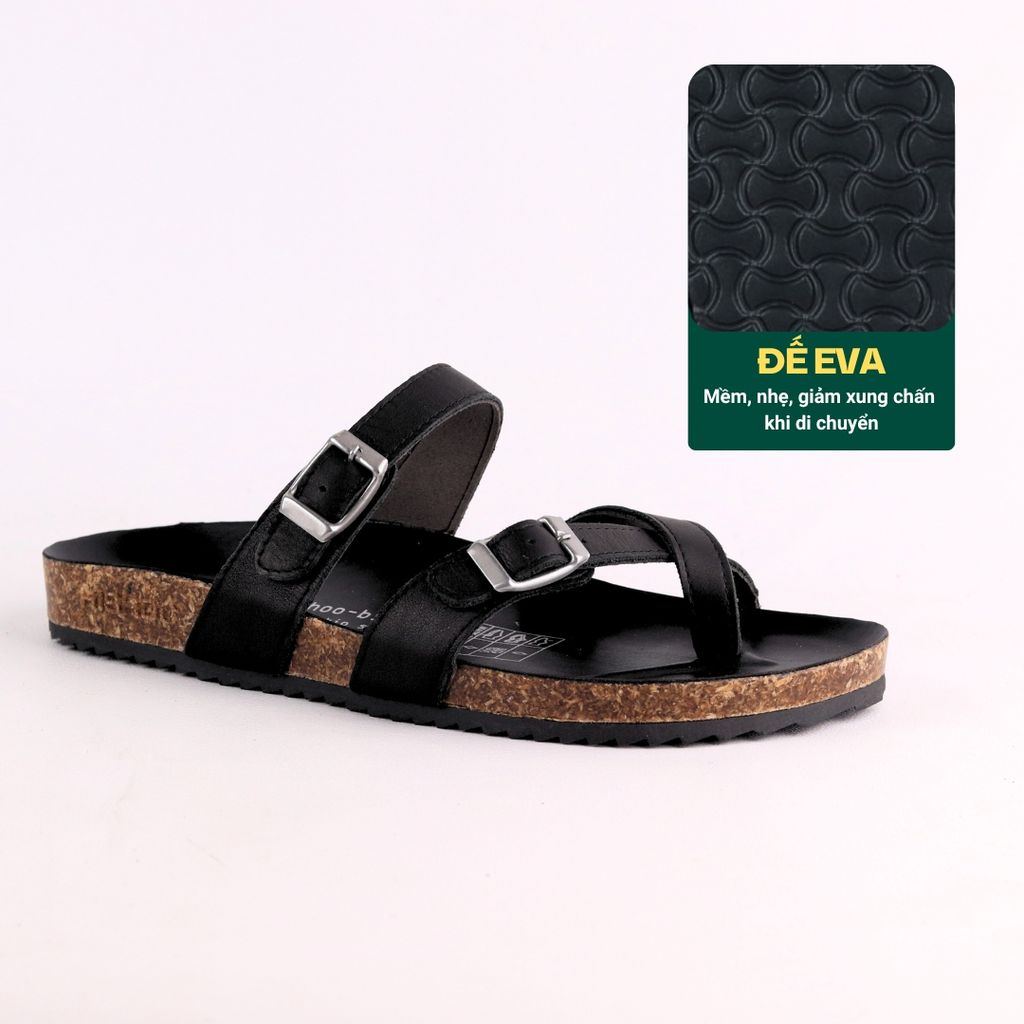 Dép đế trấu birken quai ngang xỏ ngón MẶT ĐEN da bò HISHOO M098