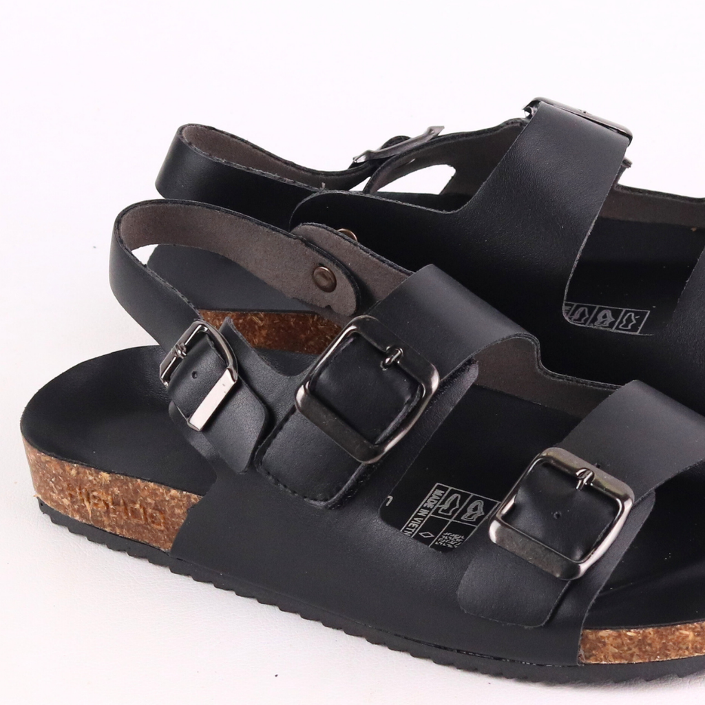 Dép đế trấu Sandal birken 2 khoá da PU mặt đen HISHOO S102