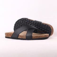 Dép đế trấu birken quai ngang chéo MẶT ĐEN da bò HISHOO M096