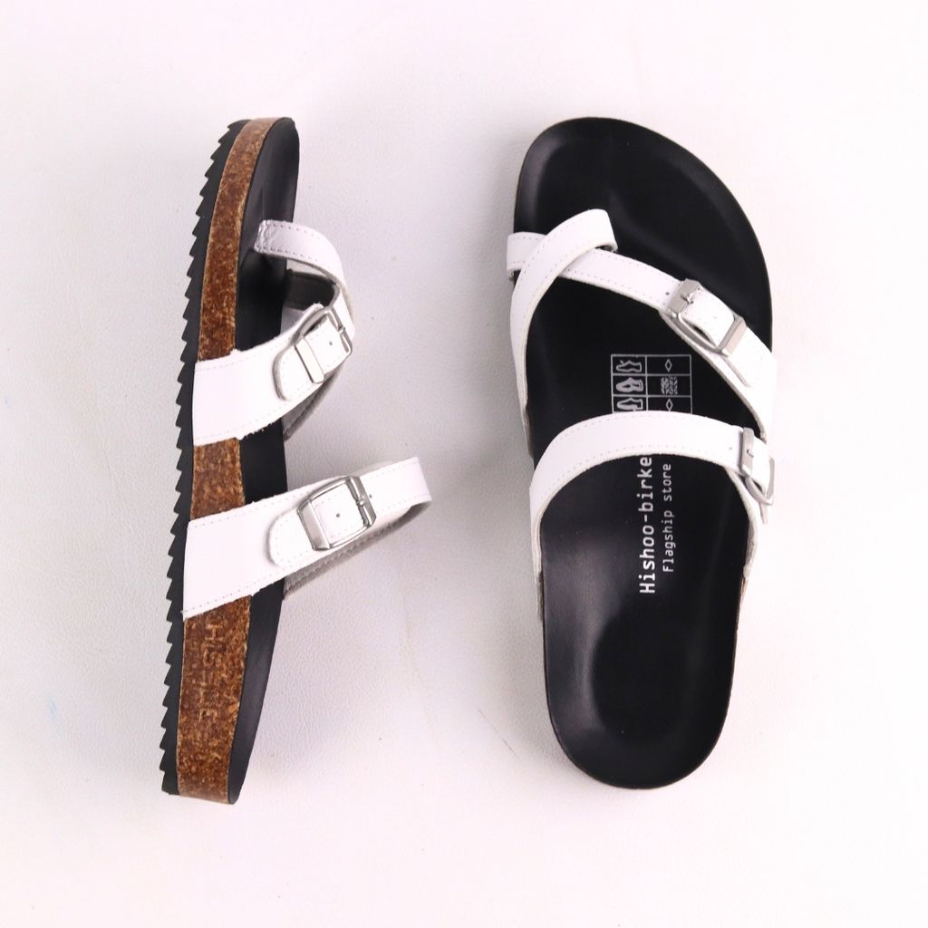 Dép đế trấu birken quai ngang xỏ ngón MẶT ĐEN da bò HISHOO M098
